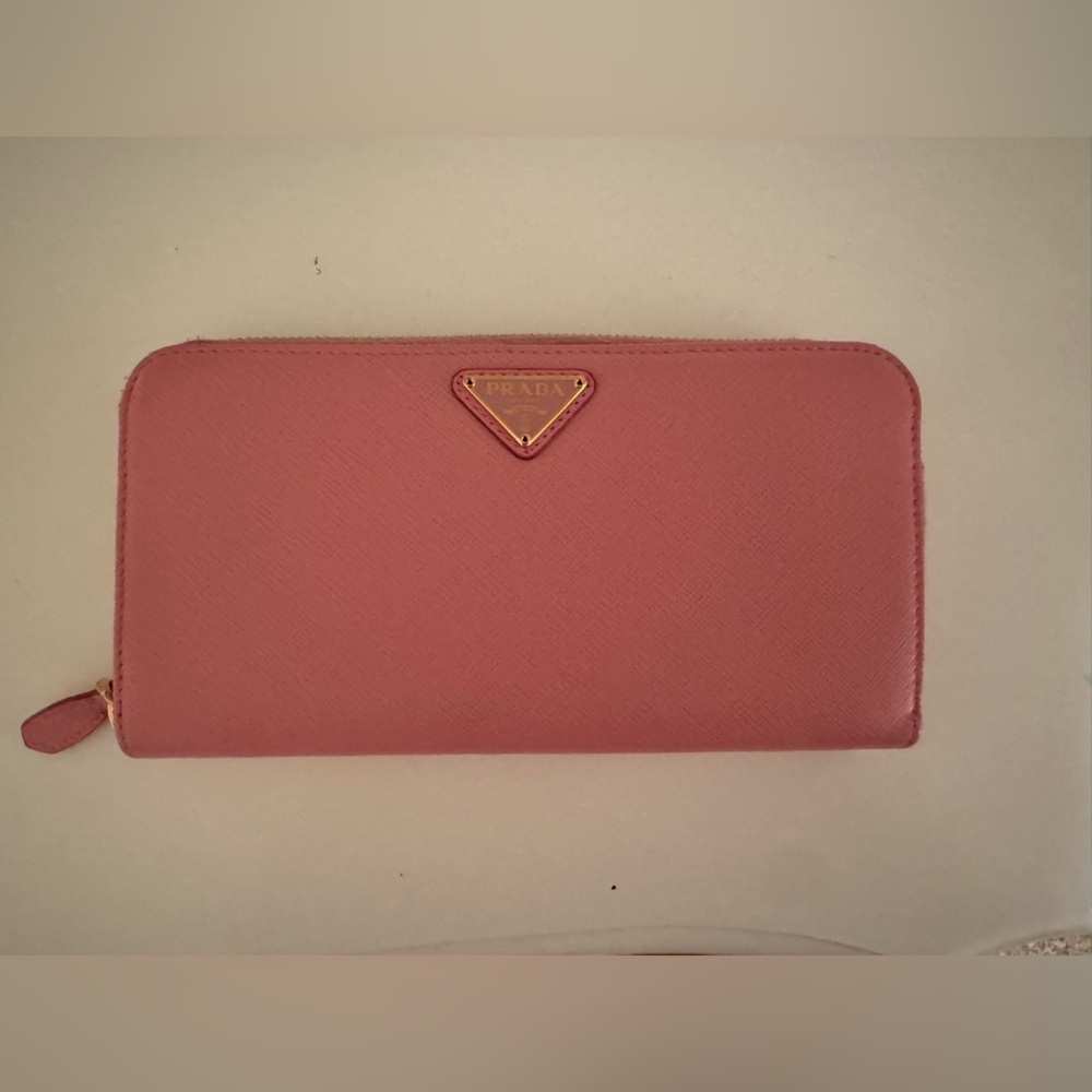 Prada Saffiano Triangle Leather Round Zip Long Wallet Blush Pink